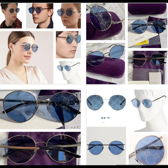 GUCCI “GG” INTERLOCKING LOGO IMPRINTED ON BLUE / SILVER MIRROR ROUND SUNGLASSES - Picture 2 of 16
